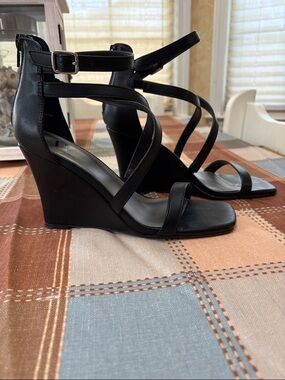 Worthington Black Strappy Wedge Sandals with Ankle Buckle zip up the back.